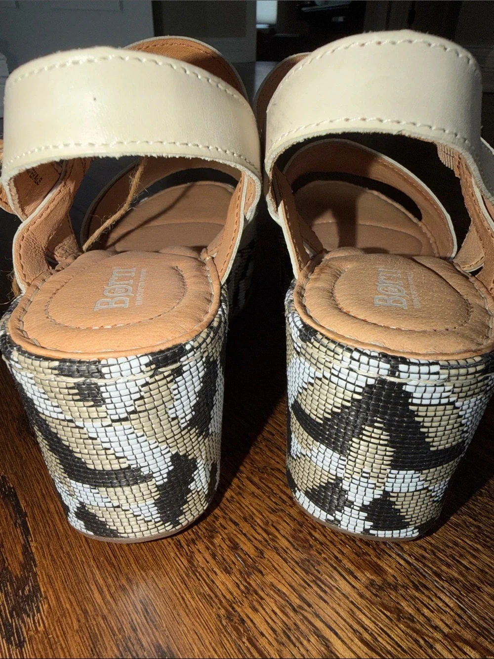 Born Dorrah Cream Platform Sandals with Patterned Wedge